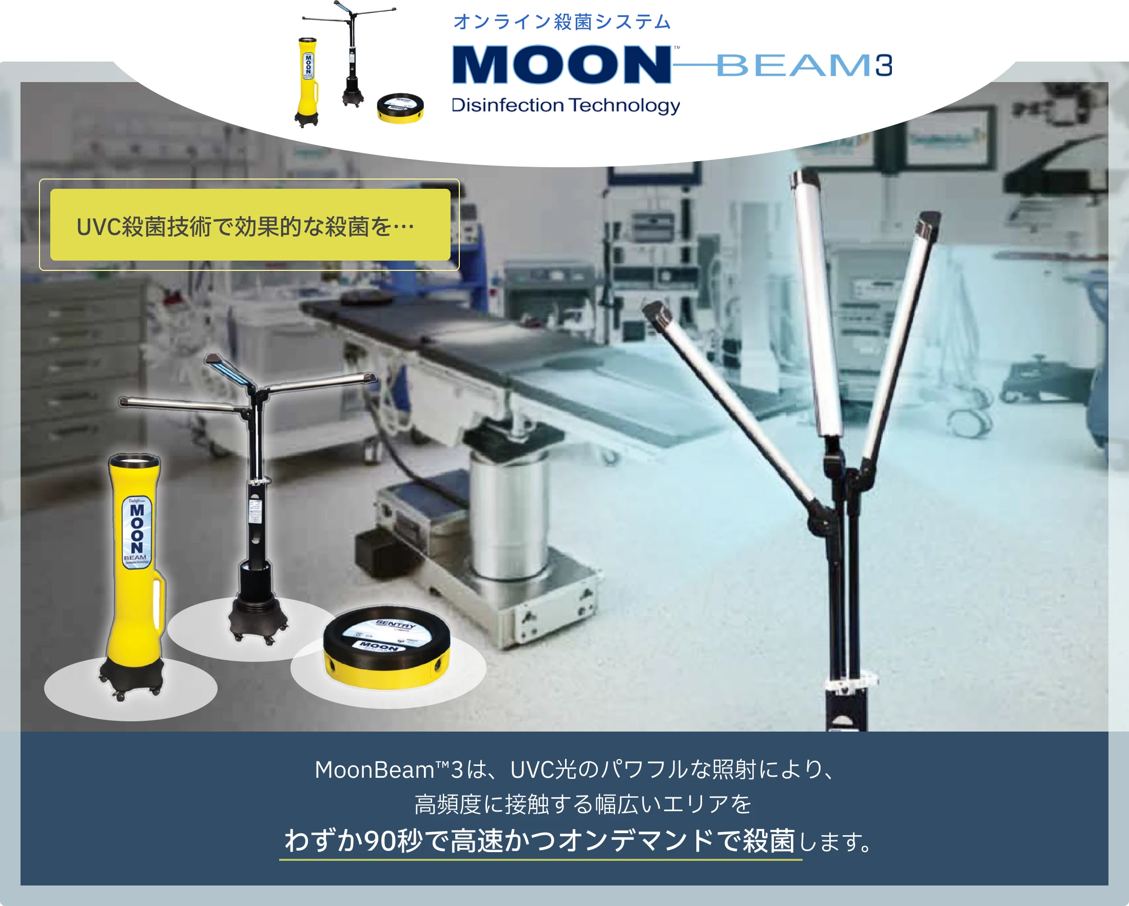 オンライン殺菌システム Moon-BEAM3 UVC殺菌技術で効果的な殺菌を。MoonBeam™3は、UVC光のパワフルな照射により、 高頻度に接触する幅広いエリアを わずか90秒で高速かつオンデマンドで殺菌します。